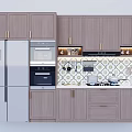 Modern Wooden Kitchen Cabinets With Stainless Steel Refrigerator Oven And Patterned Tile Backsplash