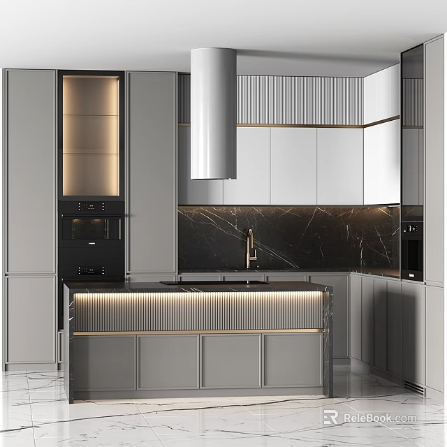 Modern Kitchen Interior Design Featuring Gray Cabinets Black Marble Countertop Island And Range Hood 3d model 