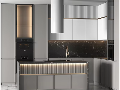 Modern Kitchen Interior Design Featuring Gray Cabinets Black Marble Countertop Island And Range Hood 3d model