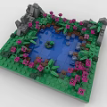 Creative Building Blocks Scene With Green Base Pink Flowers Blue Pond And Gray Structure