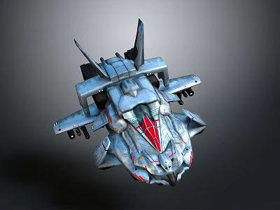Futuristic Sci-fi Fighter Spaceship With Metallic Gray Body Red White Accents And Weapon Details 3d model
