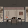 Traditional Tea Room Interior Design With Wooden Table Chairs Tea Set And Wall Art