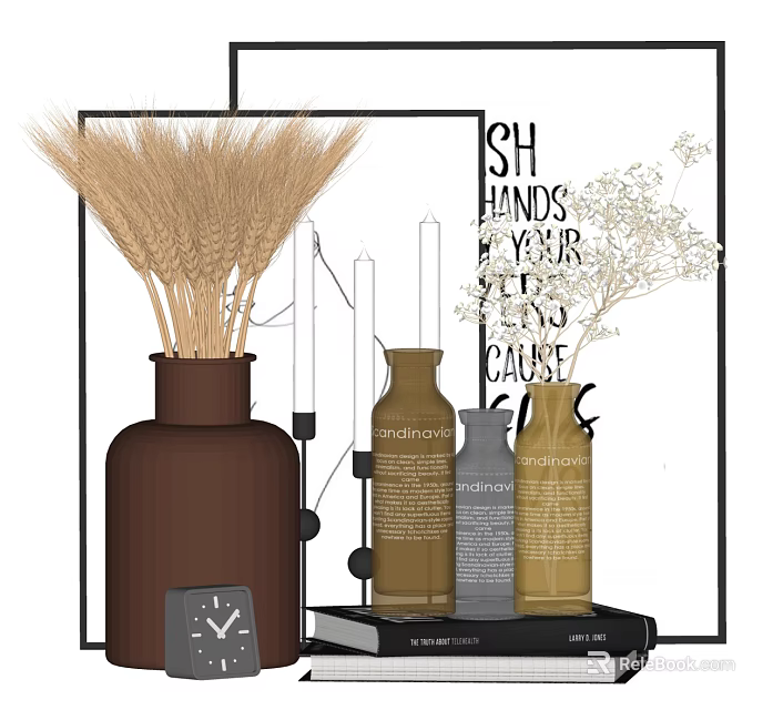 Minimalist Decorative Ornament Set With Wheat Ears Framed Art And Nordic Bottles 3d model 