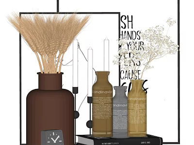 Minimalist Decorative Ornament Set With Wheat Ears Framed Art And Nordic Bottles 3d model