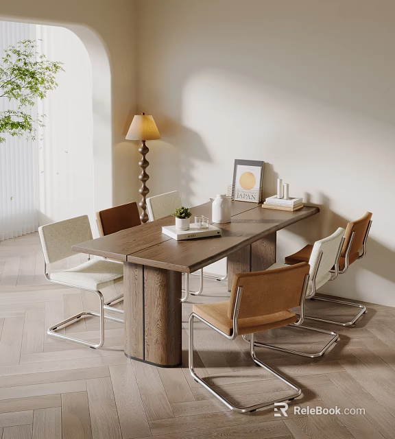 Wooden Dining Table Set with Multicolor Chairs Metal Legs Floor Lamp Wall Art Decorative Items 3d model 