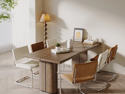 Wooden Dining Table Set with Multicolor Chairs Metal Legs Floor Lamp Wall Art Decorative Items 3d model