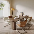 Wooden Dining Table Set with Multicolor Chairs Metal Legs Floor Lamp Wall Art Decorative Items