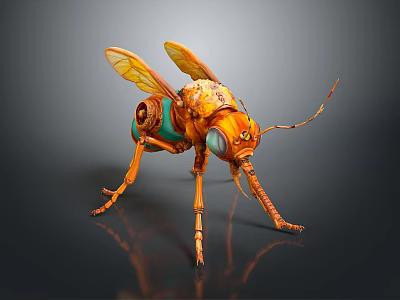 Mechanical Insect Featuring Orange Green Body Transparent Wings Long Slender Legs Intricate Design 3d model