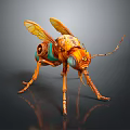 Mechanical Insect Featuring Orange Green Body Transparent Wings Long Slender Legs Intricate Design