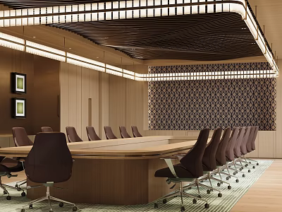 Luxury Modern Conference Room With Large Wooden Table Stylish Ceiling Lights And Comfortable Office Chairs 3d model