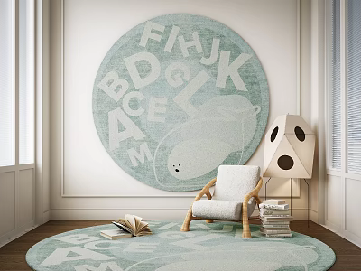 Round Rug With Alphabet Pattern In Cozy Room With Chair And Floor Lamp 3d model