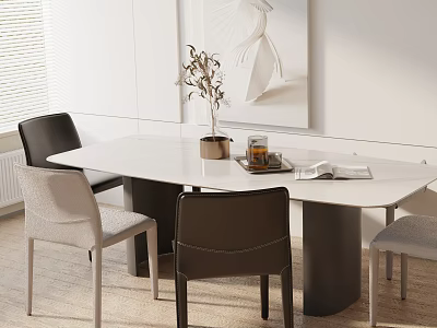 Modern Dining Table Set with White Top Black and Gray Chairs Potted Plant and Mug 3d model