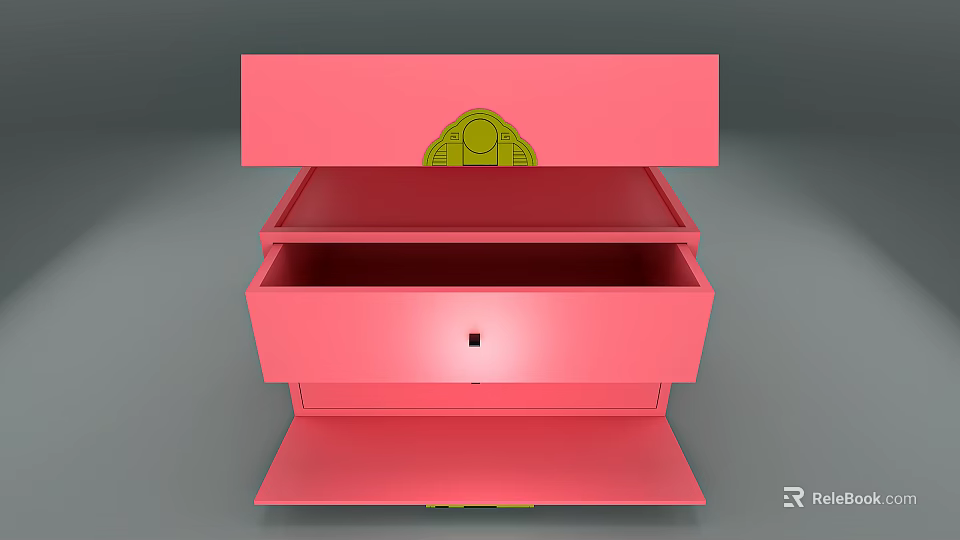 Elegant Pink Drawer Cabinet With Open Storage And Yellow Decorative Ornaments 3d model 