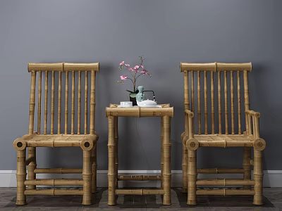 Bamboo Table And Chair Set With Pink Flowers And Tea Cup On Gray Wall Background 3d model