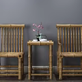 Bamboo Table And Chair Set With Pink Flowers And Tea Cup On Gray Wall Background