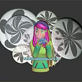 Pink Haired Cartoon Character In Green Hoodie And Headphones Surrounded By White Flower Creatures