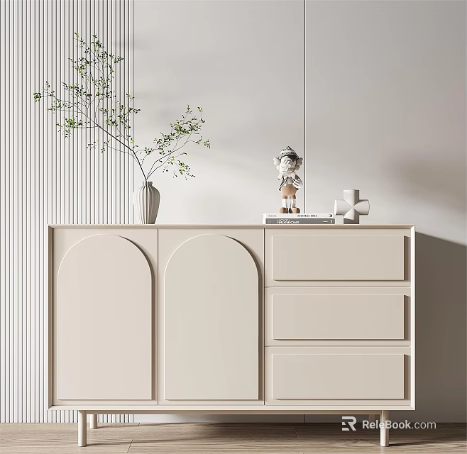 Modern Minimalist Beige Dining Sideboard With Arched Doors Drawers And Green Plant Decor 3d model