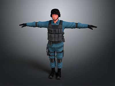 Man Wearing Blue Tactical Uniform With Body Armor Helmet and Outstretched Arms 3d model
