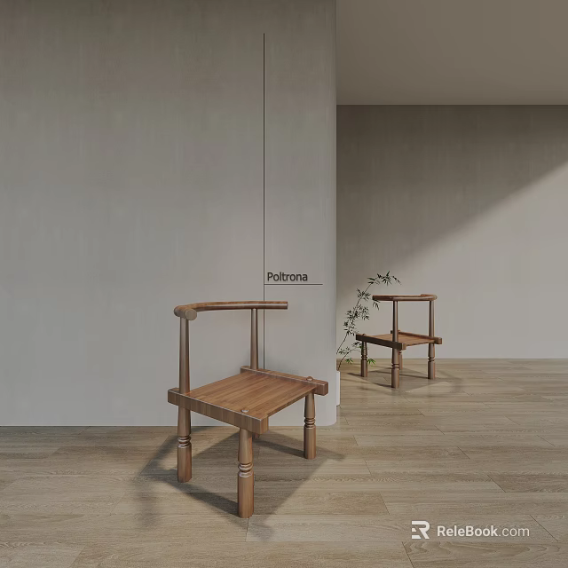 Minimalist Single Wooden Chair in Light Colored Interior with Wooden Floor and Natural Light 3d model 