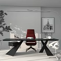 Modern Office Desk With Red Chair Black Chair Laptop Green Plant Gray Wall Painting
