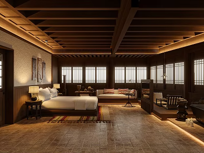 Traditional Hotel Guest Room Featuring Wooden Ceiling Lattice Windows And Dark Furniture 3d model