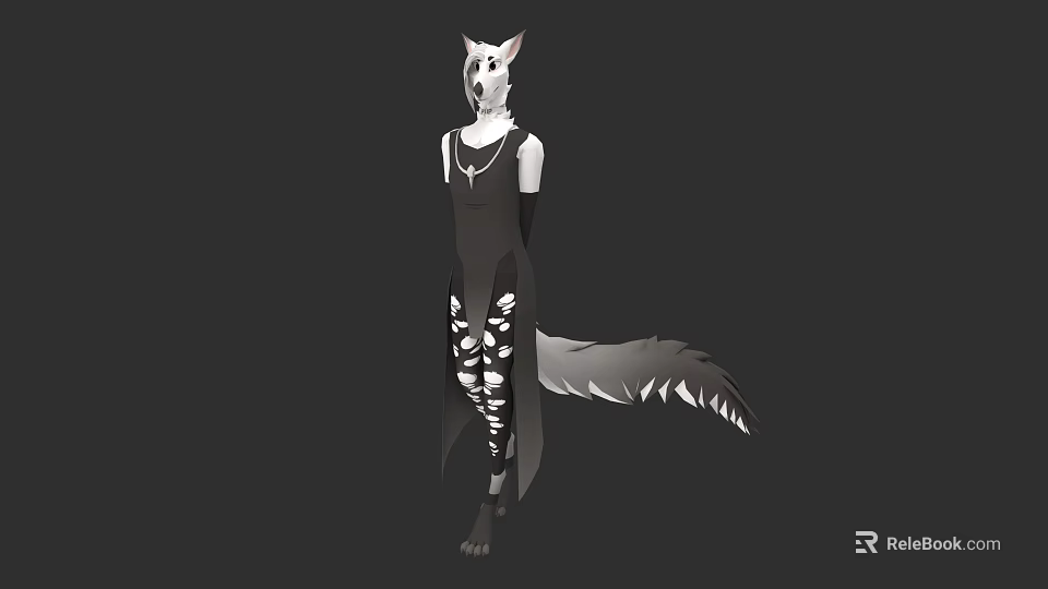 Wolf Like Game Character With White Ears Grey Tail Black Jumpsuit Bone Pattern 3d model 