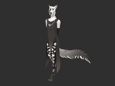 Wolf Like Game Character With White Ears Grey Tail Black Jumpsuit Bone Pattern 3d model