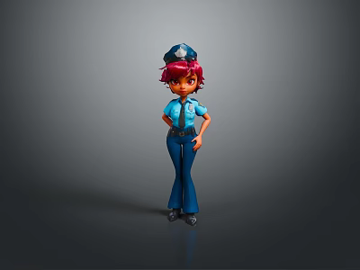 Cartoon Woman in Police Uniform with Red Hair Hands on Hips Against Gray Background 3d model
