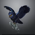 Blue Owl With Spread Wings Clutching Small White Ghost On Dark Background