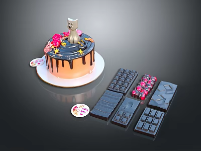 Orange Cake With Cat Decoration Flower Toppings And Chocolate Molds Pieces 3d model