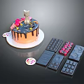 Orange Cake With Cat Decoration Flower Toppings And Chocolate Molds Pieces