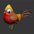 3D Cartoon Bird With Red Body Yellow Head Big Eyes And Long Colorful Feathers Standing