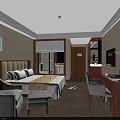 Cozy Hotel Guest Room With Comfortable Bed Gray Sofa Ottoman Desk Laptop And Wall TV