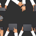 Multiple Hands Holding Smartphones Tablets Smartwatch And Electronic Devices Together