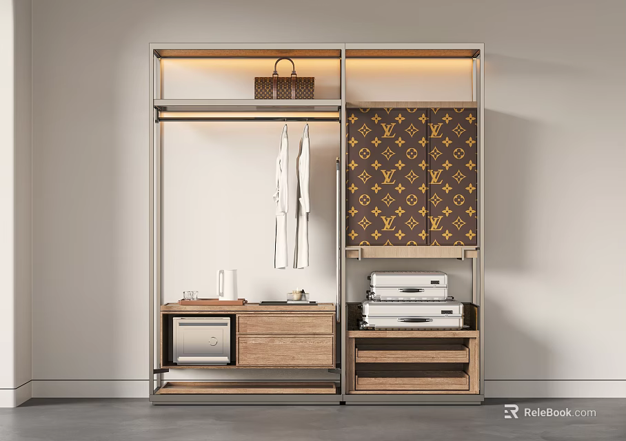 Modern Wardrobe with Metal Frame Open Shelves White Hanging Clothes Brown Patterned Doors and Drawers 3d model 