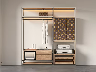 Modern Wardrobe with Metal Frame Open Shelves White Hanging Clothes Brown Patterned Doors and Drawers 3d model