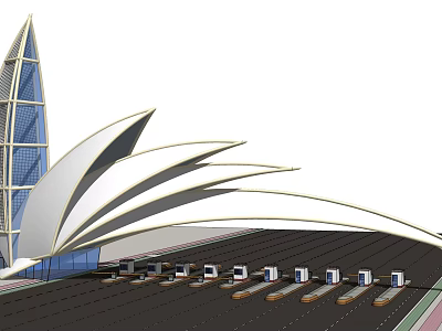 Modern Transportation Hub Design Featuring Leaf Shaped Roof Glass Tower And Arranged Vehicles 3d model