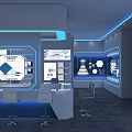 Hi Tech Modern Exhibition Hall Interior With Blue LED Lighting Display Cabinets And Seating