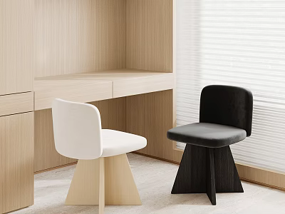 White And Black Stools In Modern Interior Room Near Wooden Desk And Blinds 3d model