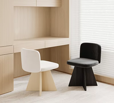 White And Black Stools In Modern Interior Room Near Wooden Desk And Blinds 3d model