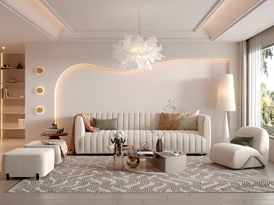 Modern Living Room Interior With Beige Sofa Round Wall Lights And White Pendant Light 3d model