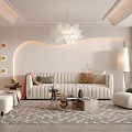 Modern Living Room Interior With Beige Sofa Round Wall Lights And White Pendant Light