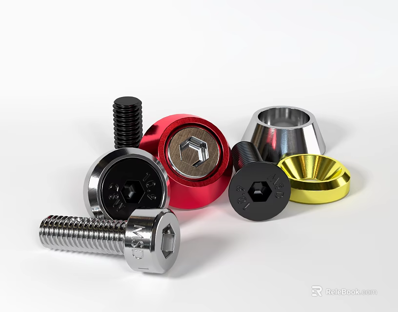 Assorted Hardware Tools Featuring Bolts Nuts With Red Black Gold Silver Finishes 3d model