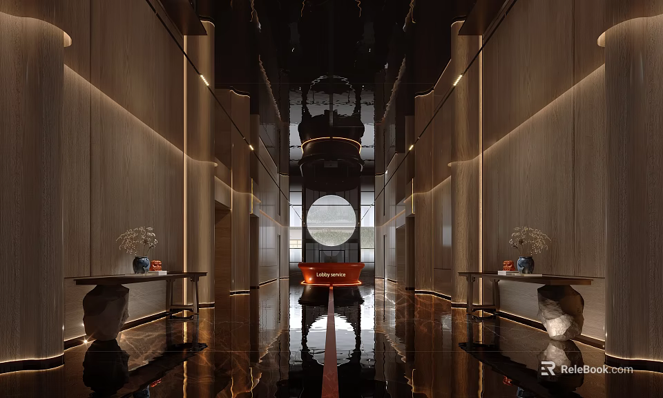 Elegant Hotel Public Lounge Area With Wooden Walls Warm Lighting Shiny Floor And Circular Decor 3d model 