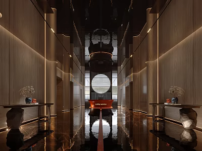 Elegant Hotel Public Lounge Area With Wooden Walls Warm Lighting Shiny Floor And Circular Decor 3d model