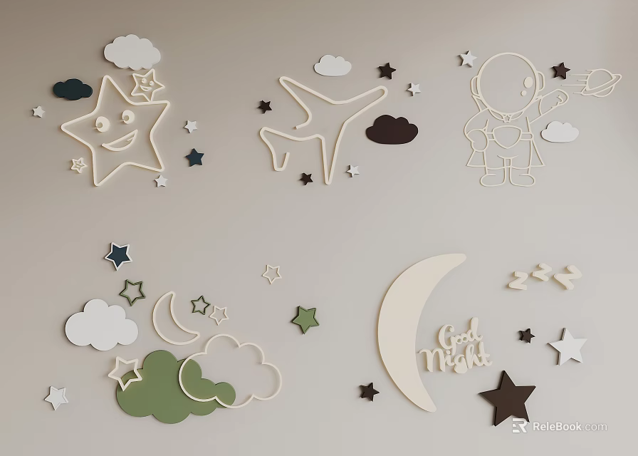 Cute Wooden Wall Decor With Stars Clouds Airplane Astronaut Moon And Good Night Text 3d model 