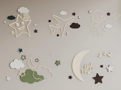 Cute Wooden Wall Decor With Stars Clouds Airplane Astronaut Moon And Good Night Text 3d model