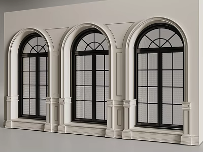 Three Arched Casement Windows Featuring Black Frames White Wall Decorative Surrounds And Vertical Panes 3d model