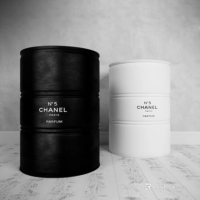 Industrial Equipment With Black White Chanel N°5 Perfume Barrels For Eau De Parfum Toilette 3d model 