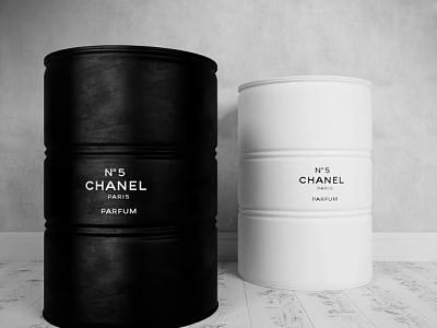 Industrial Equipment With Black White Chanel N°5 Perfume Barrels For Eau De Parfum Toilette 3d model